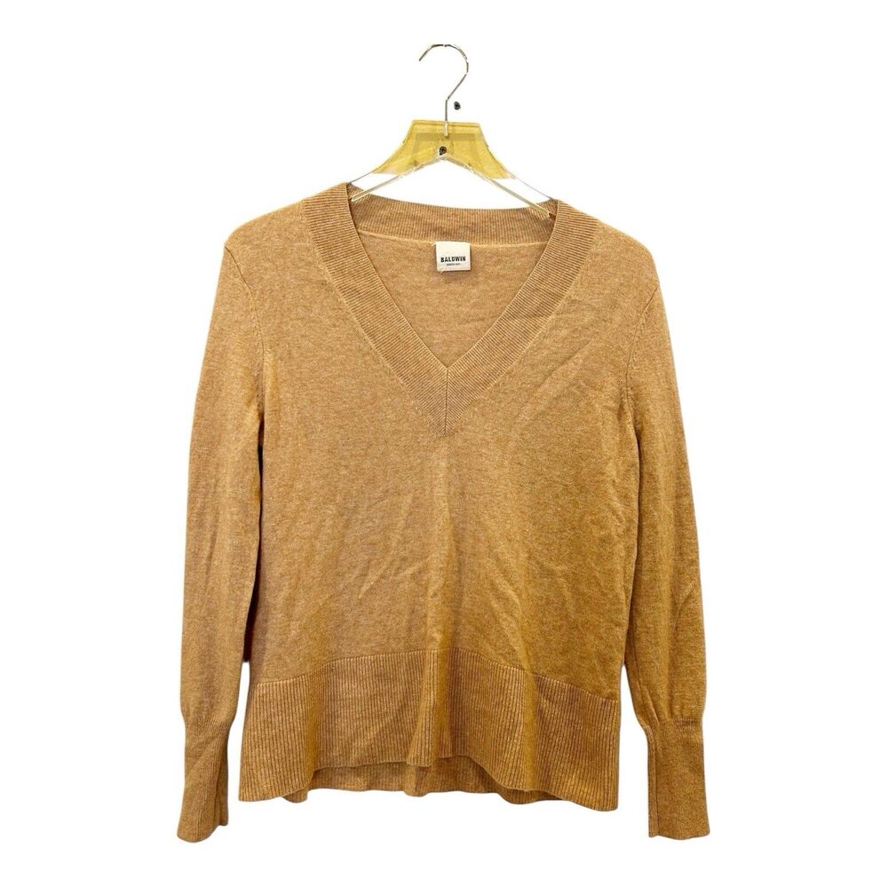 Baldwin Kansas City Wool Cashmere Blend V Neck Sweater Brown Sz XS Ribbed Cuffs
